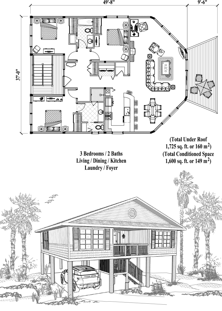 Prefab Piling House Plan - PGE-0401 (1600 sq. ft.) 3 Bedrooms, 2 Baths, Living, Dining, Kitchen, Laundry, Foyer