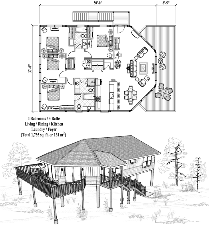 Prefab Piling House Plan - PGE-0403 (1735 sq. ft.) 4 Bedrooms, 3 Baths, Living, Dining, Kitchen, Laundry, Foyer