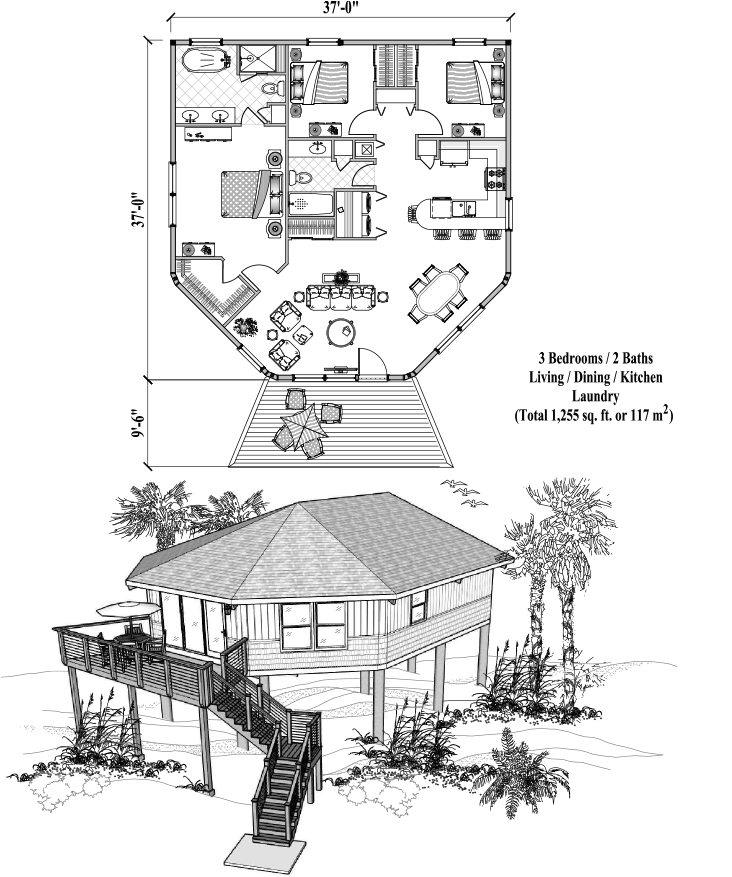 Prefab Piling House Plan - PGE-0404 (1255 sq. ft.) 3 Bedrooms, 2 Baths, 