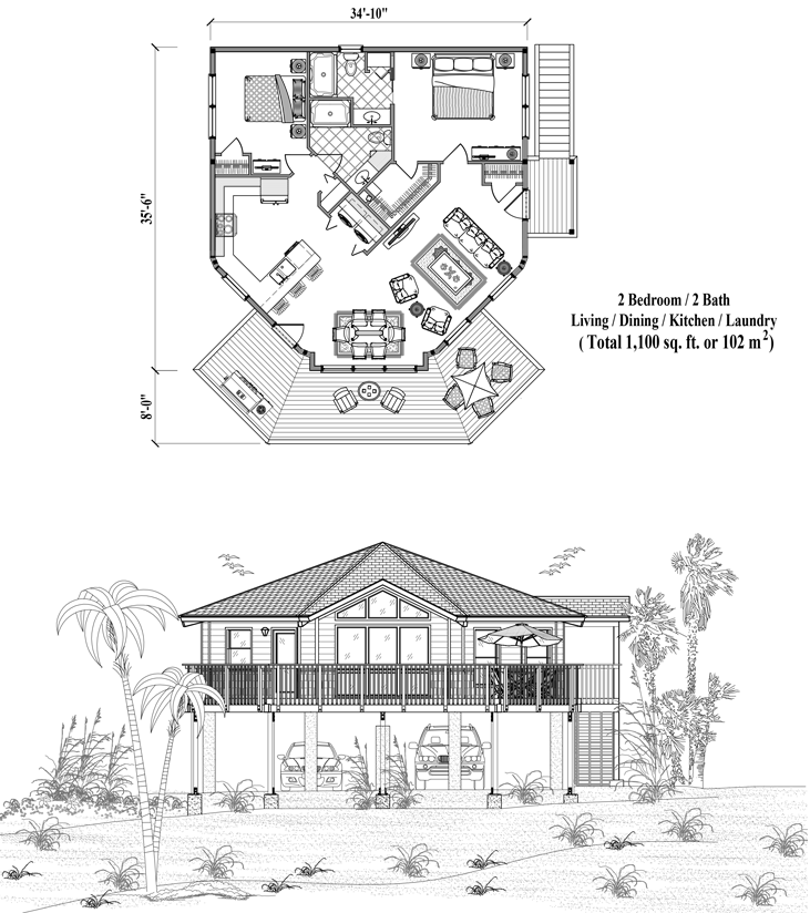 Prefab Piling House Plan - PGE-1101 (1100 sq. ft.) 2 Bedrooms, 2 Baths, Living Room, Dining, Kitchen & Laundry