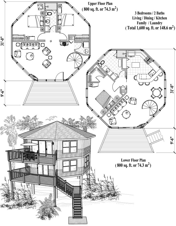 Prefab Two-Story Piling House Plan - PGT-0303 (1600 sq. ft.) 3 Bedrooms, 2 Baths