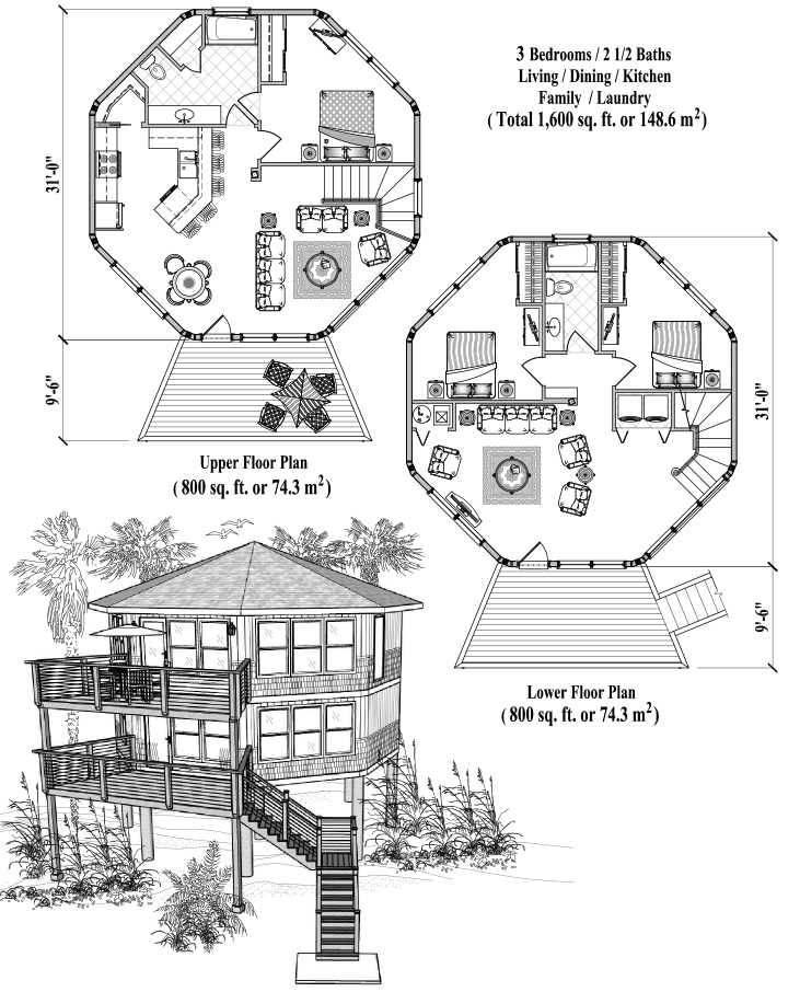 Prefab Two-Story Piling House Plan - PGT-0304 (1600 sq. ft.) 3 Bedrooms, 2 1/2 Baths, Living, Dining, Kitchen, Family, Laundry