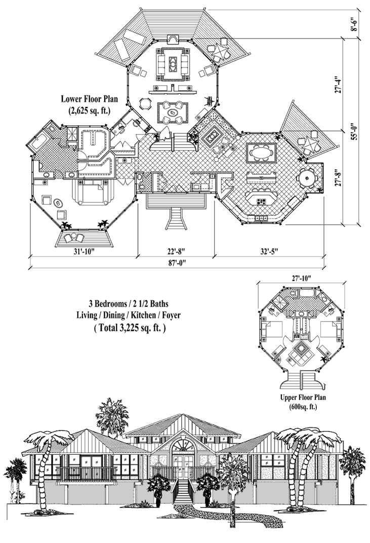 Prefab Two-Story Piling House Plan - PGT-0315 (3225 sq. ft.) 3 Bedrooms, 2 1/2 Baths, 