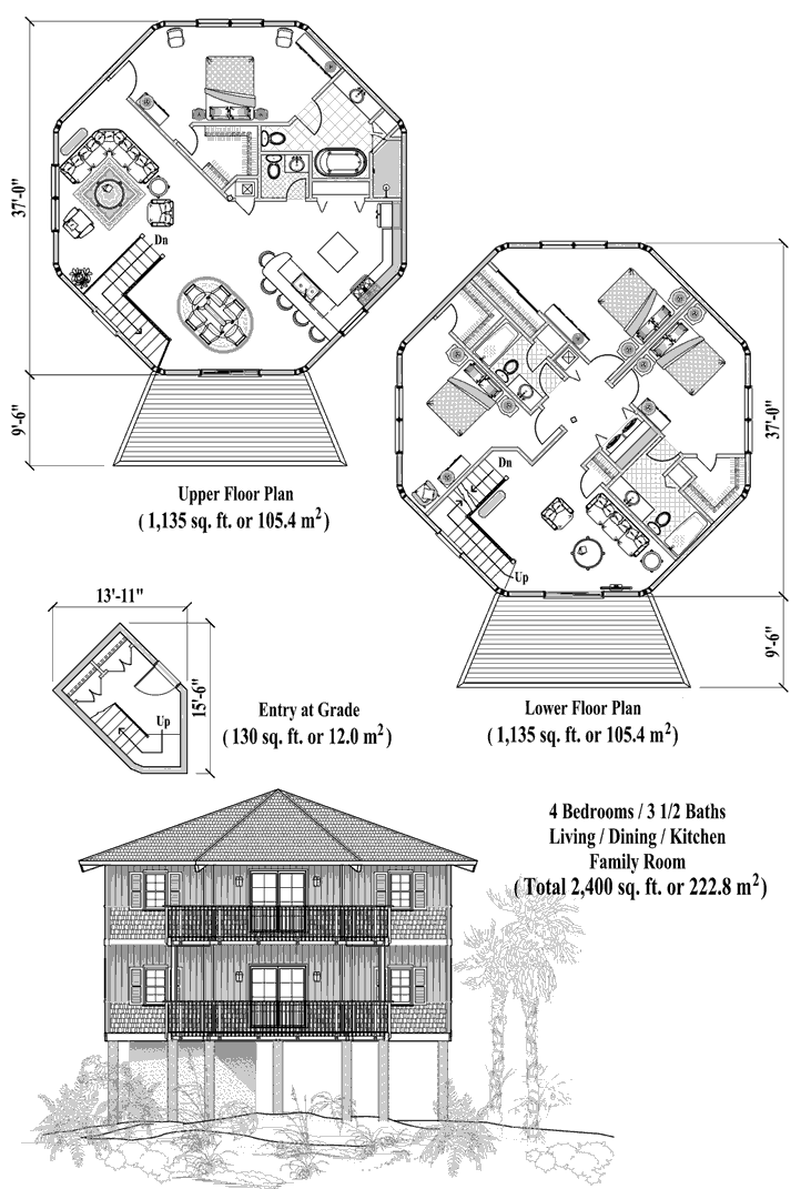 Prefab Two-Story Piling House Plan - PGT-0404 (2400 sq. ft.) 4 Bedrooms, 3 1/2 Baths