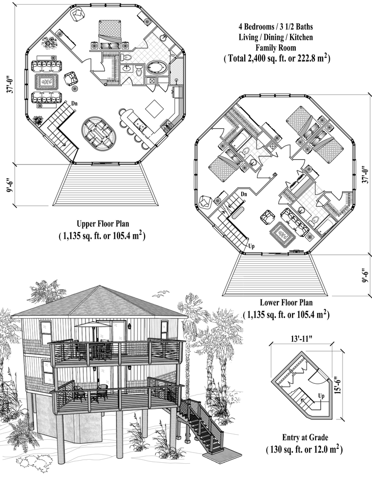 Prefab Two-Story Piling House Plan - PGT-0404 (2400 sq. ft.) 4 Bedrooms, 3 1/2 Baths