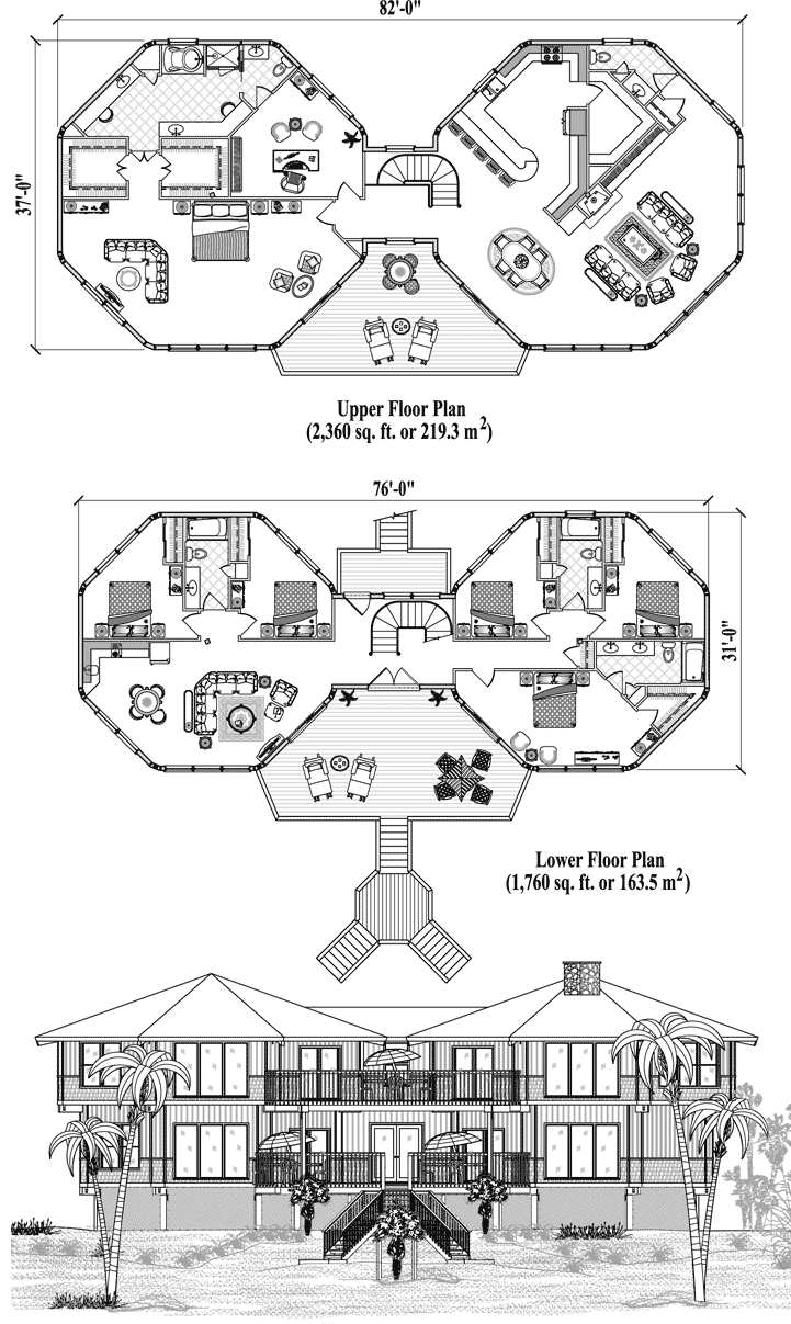 Prefab Two-Story Piling House Plan - PGT-0408 (4120 sq. ft.) 6 Bedrooms, 4 1/2 Baths, Living, Dining, Kitchen, Family Room, Study, Foyer
