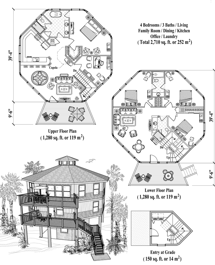 Prefab Two-Story Piling House Plan - PGT-0501 (2710 sq. ft.) 4 Bedrooms, 3 Baths, Family Room, Dining, Kitchen, Office, Laundry