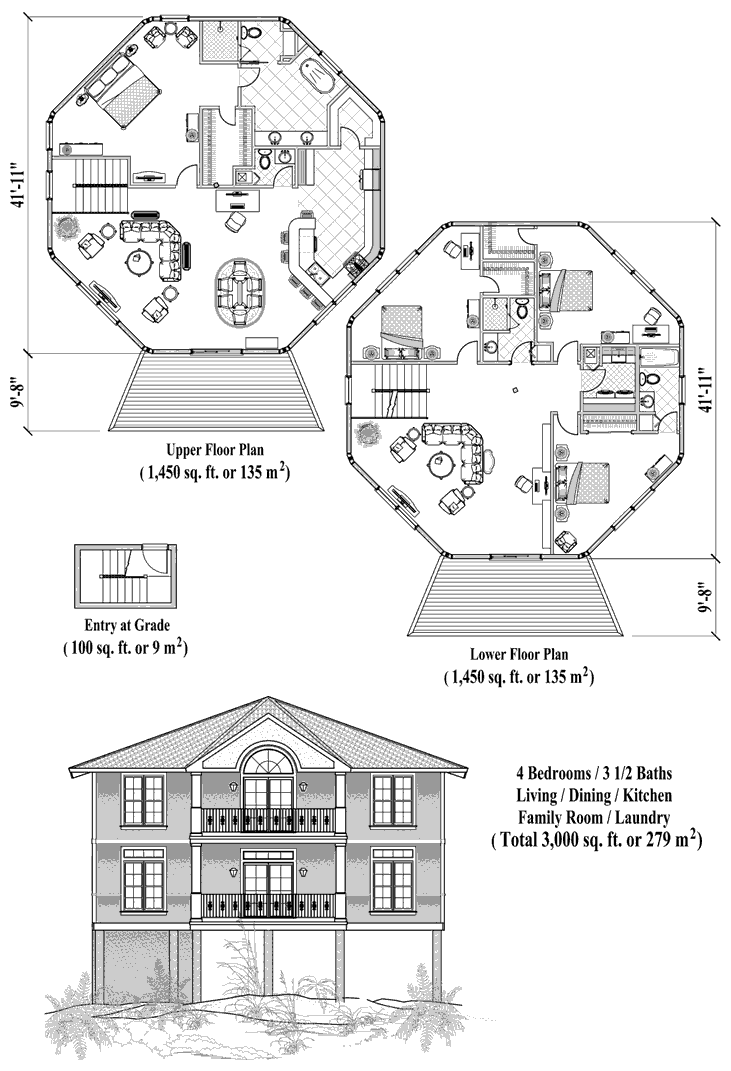 Prefab Two-Story Piling House Plan - PGT-0606 (3000 sq. ft.) 4 Bedrooms, 3 1/2 Baths, 