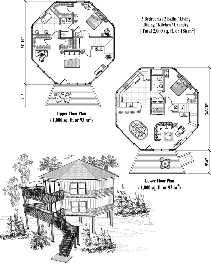 Prefab Two-Story Piling House Plan - PGT-1106 (2115 sq. ft.) 3 Bedrooms, 2 Baths, Entry, Living, Dining, Kitchen, Laundry
