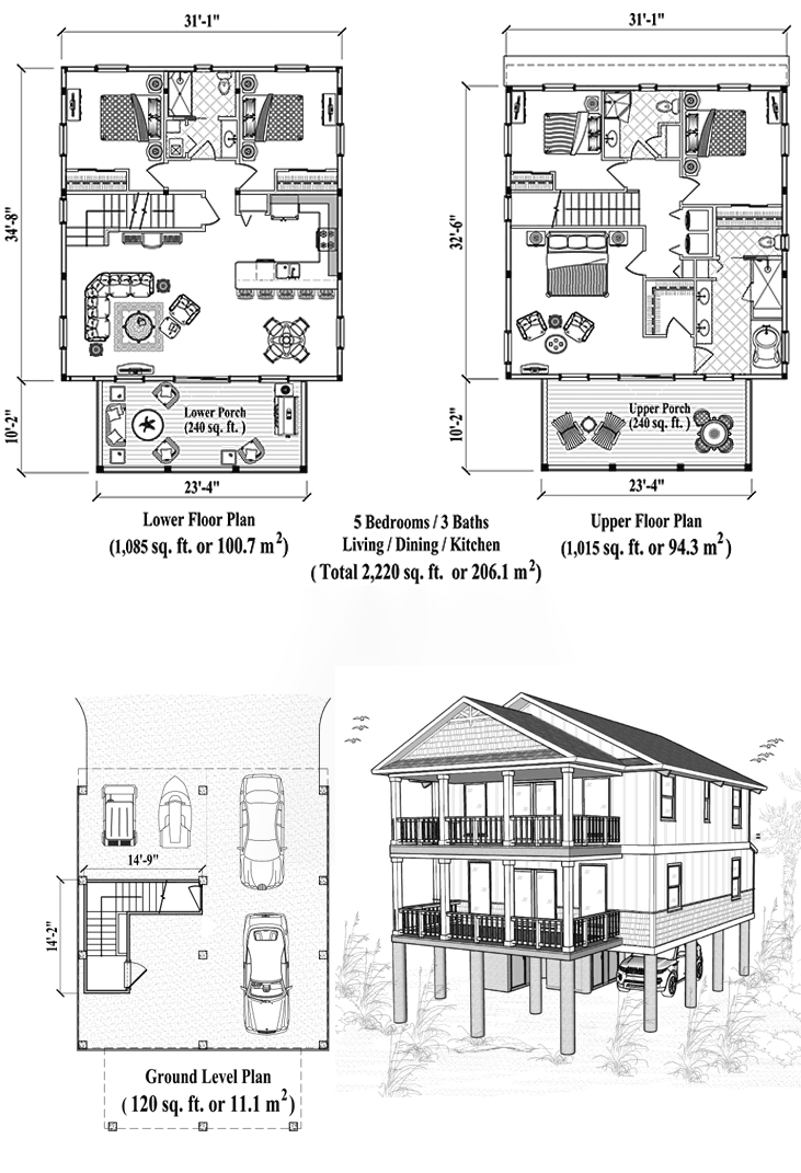 Prefab Two-Story Piling House Plan - PGT-2101 (2220 sq. ft.) 5 Bedrooms, 3 Baths, Living, Dining, Kitchen