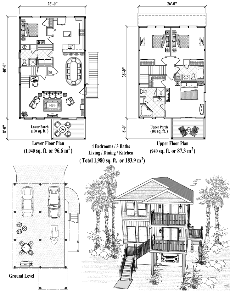 Prefab Two-Story Piling House Plan - PGT-2102 (1980 sq. ft.) 4 Bedrooms, 3 Baths, Living, Dining, Kitchen