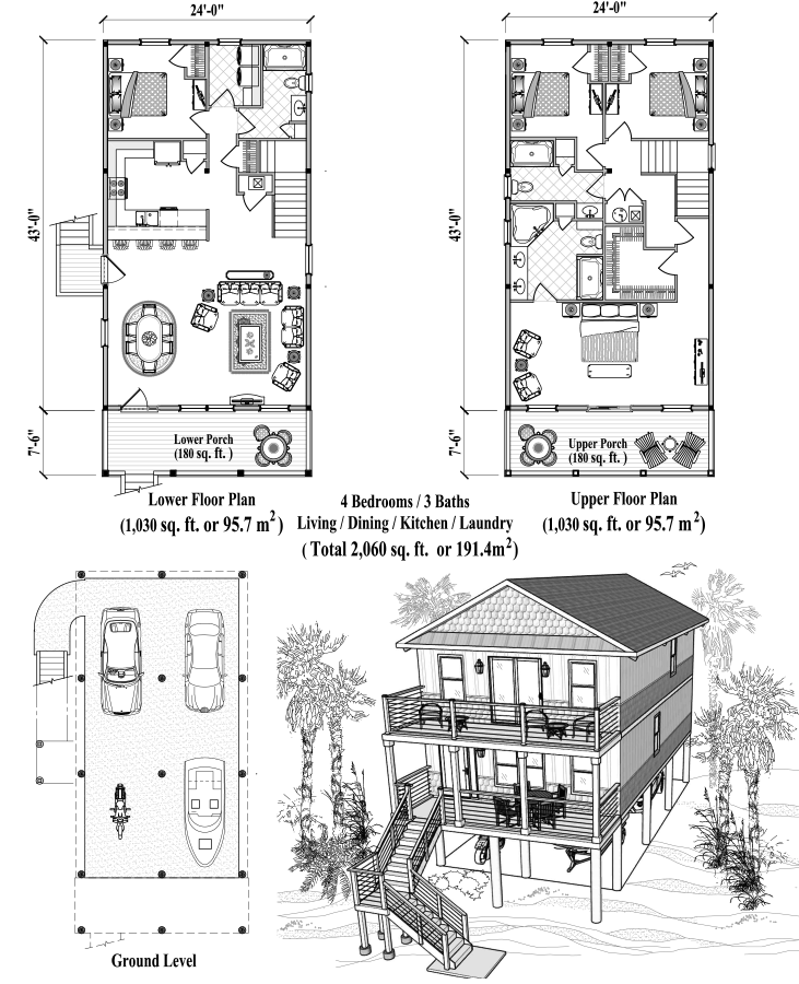 Prefab Two-Story Piling House Plan - PGT-2103 (2060 sq. ft.) 4 Bedrooms, 3 Baths, Living, Dining, Kitchen, Laundry