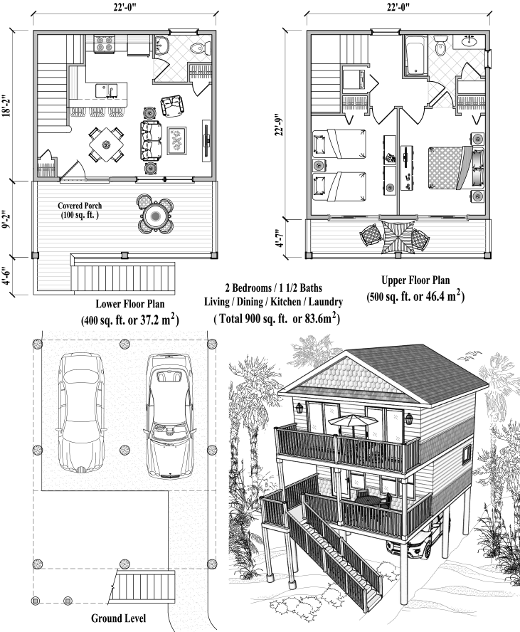 Prefab Two-Story Piling House Plan - PGT-2104 (900 sq. ft.) 2 Bedrooms, 1 1/2 Baths, Living, Dining, Kitchen, Laundry