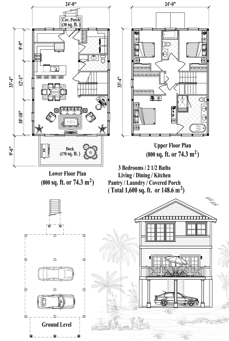Prefab Two-Story Piling House Plan - PGT-2105 (1600 sq. ft.) 3 Bedrooms, 2 1/2 Baths, Living, Dining, Kitchen, Pantry, Laundry, Covered Porch