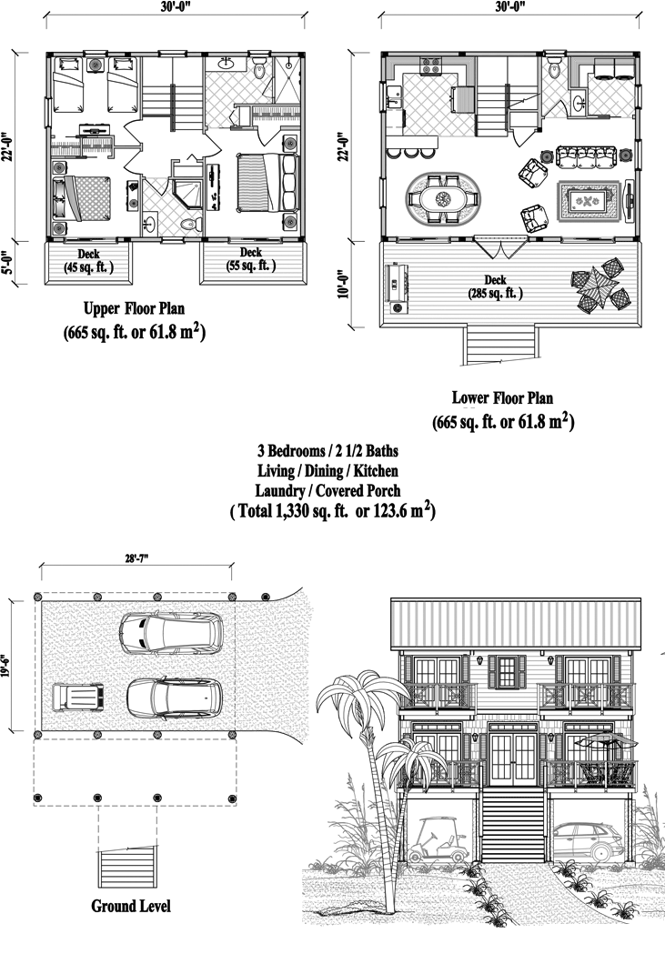 Prefab Two-Story Piling House Plan - PGT-2106 (1330 sq. ft.) 3 Bedrooms, 2 1/2 Baths