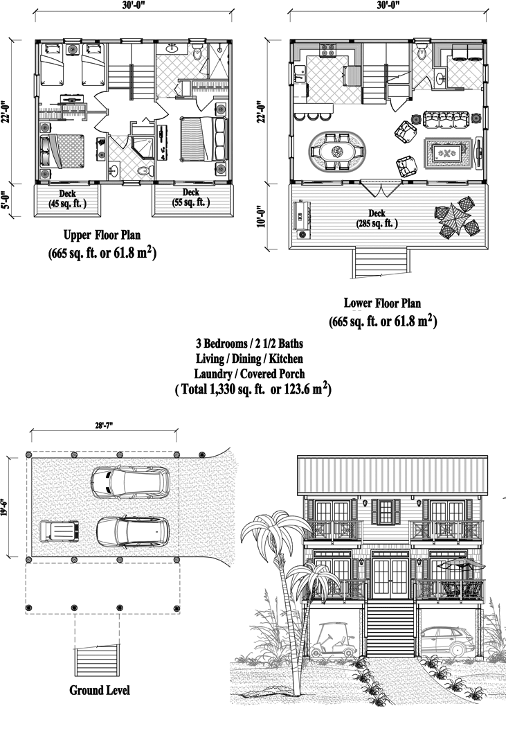 Prefab Two-Story Piling House Plan - PGT-2106 (1330 sq. ft.) 3 Bedrooms, 2 1/2 Baths, Living, Dining, Kitchen, Laundry, Covered Porch