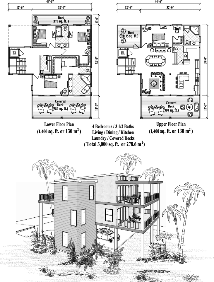 Prefab Two-Story Piling House Plan - PGT-2107 (3000 sq. ft.) 4 Bedrooms, 3 1/2 Baths, Living, Dining, Kitchen, Laundry, Covered Decks