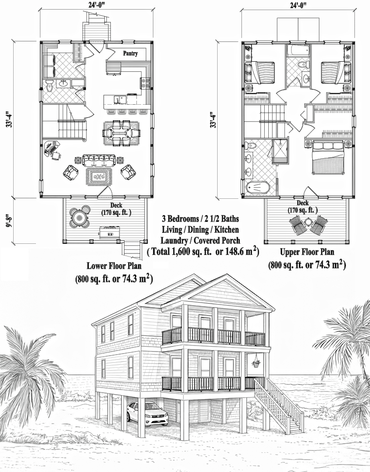 Prefab Two-Story Piling House Plan - PGT-2109 (1600 sq. ft.) 3 Bedrooms, 2 1/2 Baths, Living, Dining, Kitchen, Laundry, Covered Porch