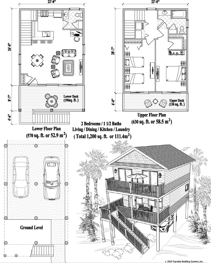 Prefab Two-Story Piling House Plan - PGT-2110 (1200 sq. ft.) 2 Bedrooms, 1 1/2 Baths, Living, Dining, Kitchen, Laundry