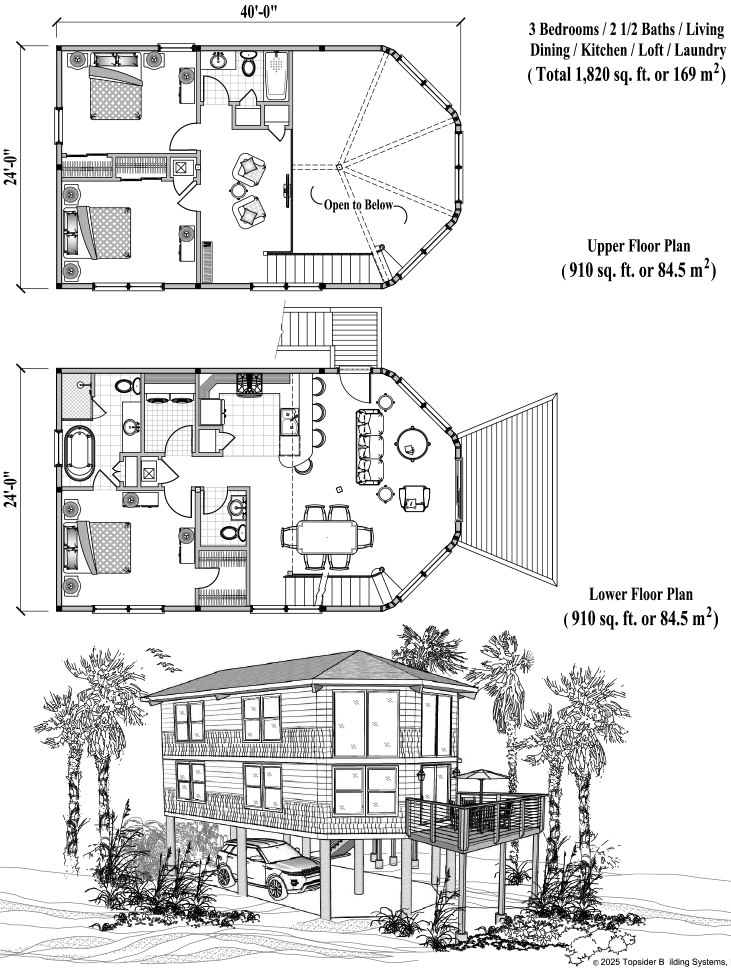 Prefab Two-Story Piling House Plan - PGTE-0101 (1820 sq. ft.) 3 Bedrooms, 2 1/2 Baths, Living Room, Dining Room, Kitchen, Loft, Laundry