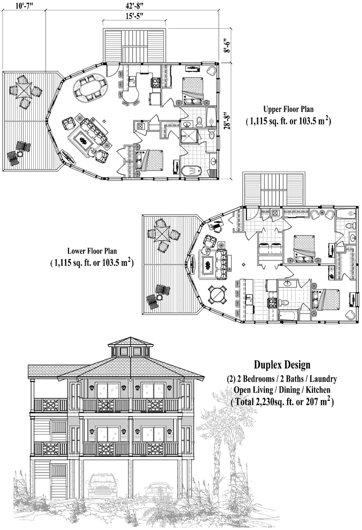 Prefab Two-Story Piling House Plan - PGTE-0205 (2230 sq. ft.) 4 Bedrooms, 4 Baths, 