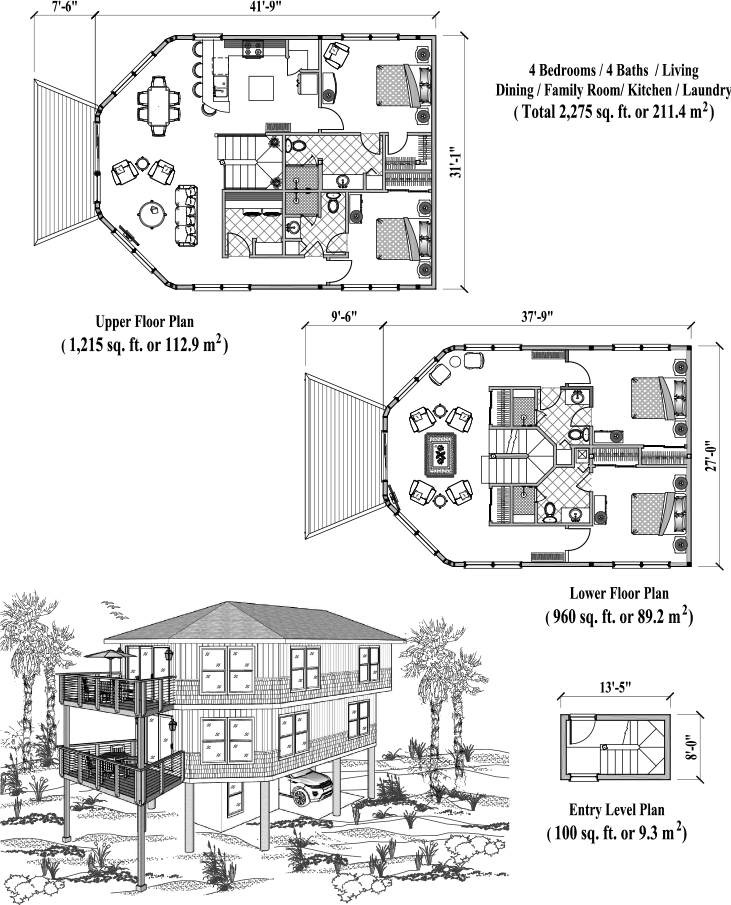 Prefab Two-Story Piling House Plan - PGTE-0302 (2275 sq. ft.) 4 Bedrooms, 4 Baths, Living, Dining, Family Room, Kitchen, Laundry