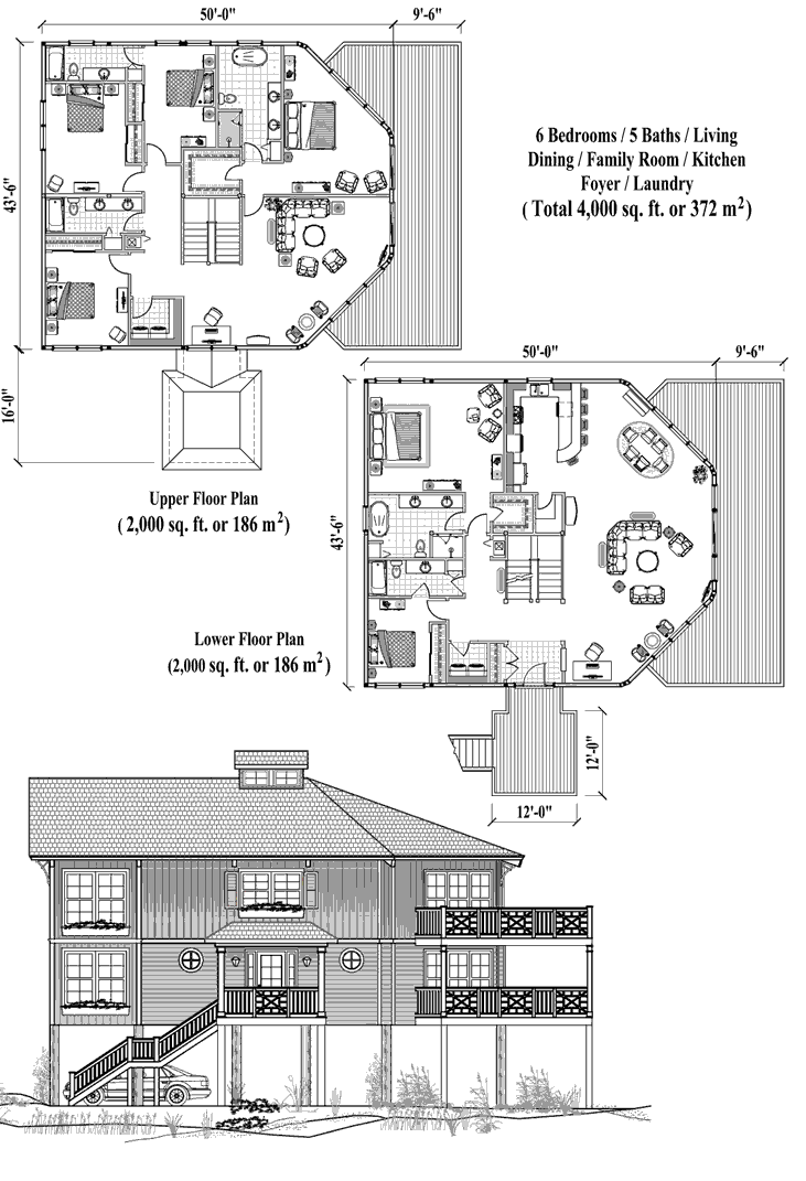 Prefab Two-Story Piling House Plan - PGTE-1201 (4000 sq. ft.) 6 Bedrooms, 5 Baths, Living, Dining, Family Room, Kitchen, Foyer, Laundry
