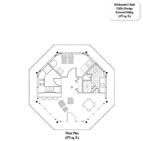 Prefab Pool House / Studio House Plan - PH-0102 (475 sq. ft.) 0 Bedrooms, 1 Baths, Pool House (475 sq. ft.) with 1 Bath, Kitchenette & Screened Sitting