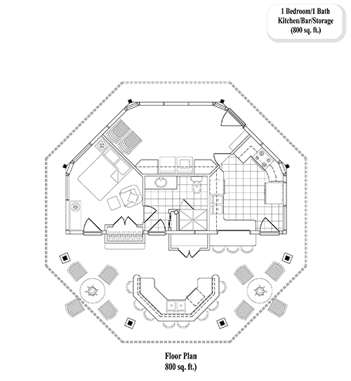 Prefab Pool House / Studio House Plan - PH-0301 (800 sq. ft.) 1 Bedrooms, 1 Baths, Pool House (800 sq. ft.) with 1 Bath, 1 Bed & Kitchen 