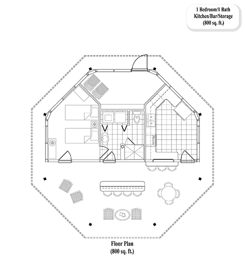 Prefab Pool House / Studio House Plan - PH-0302 (800 sq. ft.) 1 Bedrooms, 1 Baths