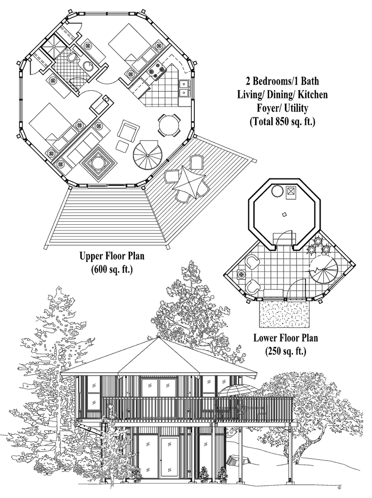 Prefab Enclosed Pedestal House Plan - PL-0201 (850 sq. ft.) 2 Bedrooms, 1 Baths, Living Room, Dining Room, Kitchen, Foyer, Utility Room