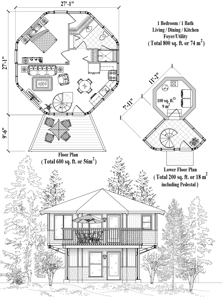 Prefab Enclosed Pedestal House Plan - PL-0202 (800 sq. ft.) 1 Bedrooms, 1 Baths
