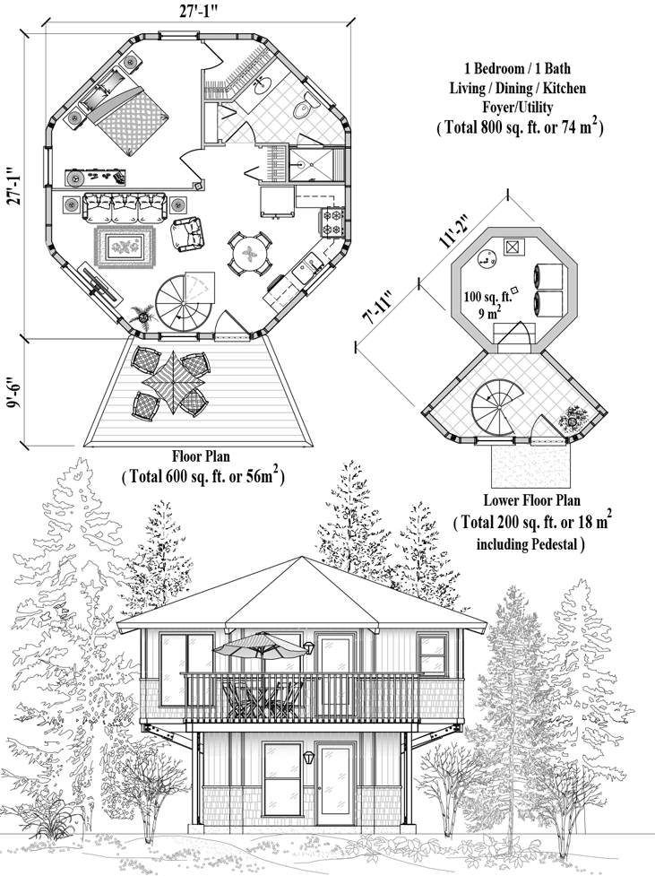 Prefab Enclosed Pedestal House Plan - PL-0202 (800 sq. ft.) 1 Bedrooms, 1 Baths, Living Room, Dining Room, Kitchen, Foyer, Utility Room