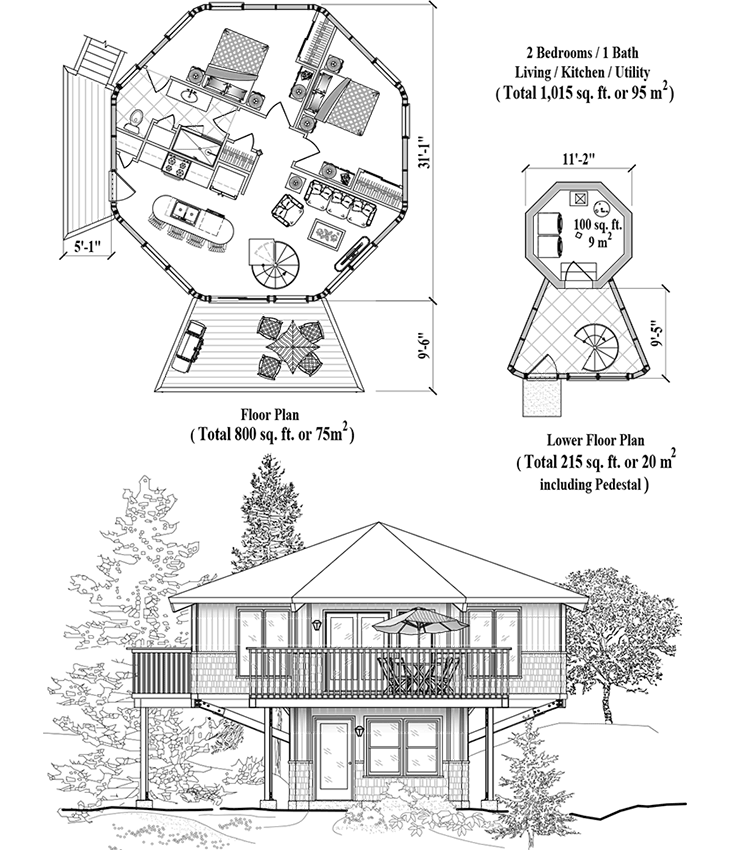 Prefab Enclosed Pedestal House Plan - PL-0301 (1015 sq. ft.) 2 Bedrooms, 1 Baths, Living Room, Kitchen, Utility
