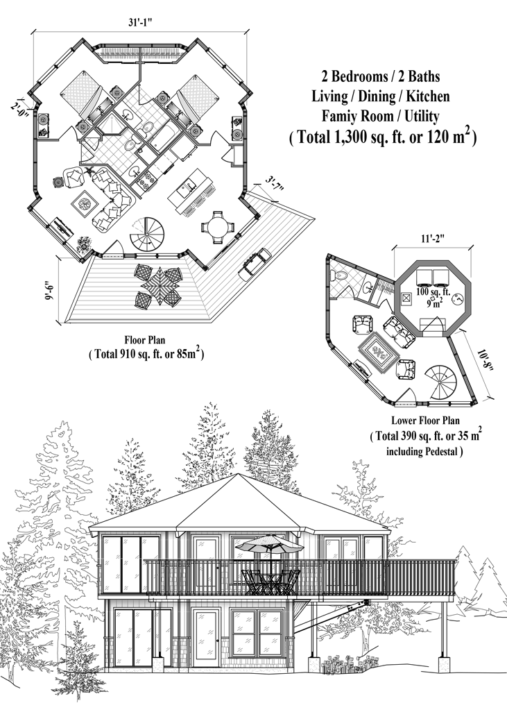 Prefab Enclosed Pedestal House Plan - PL-0303 (1300 sq. ft.) 2 Bedrooms, 2 Baths, Living Room, Dining Room, Kitchen, Family Room, Utility