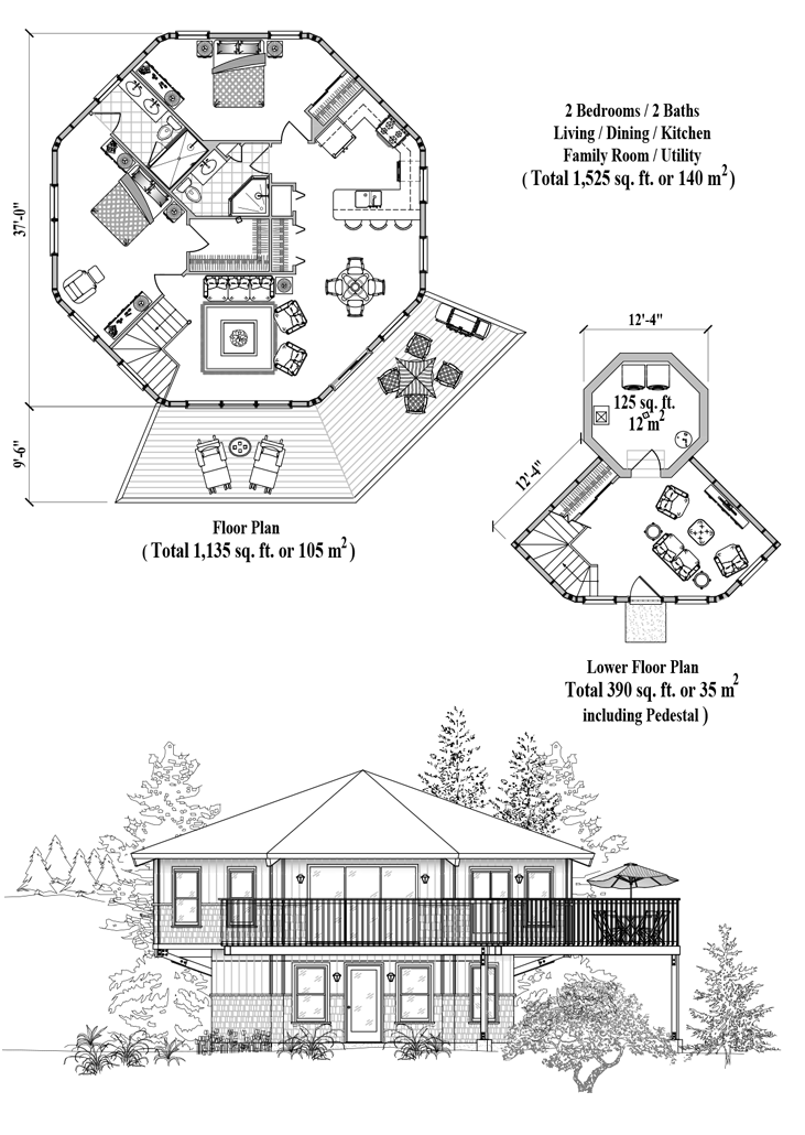 Prefab Enclosed Pedestal House Plan - PL-0401 (1525 sq. ft.) 2 Bedrooms, 3 Baths, Living Room, Dining Room, Kitchen, Family Room, Utility