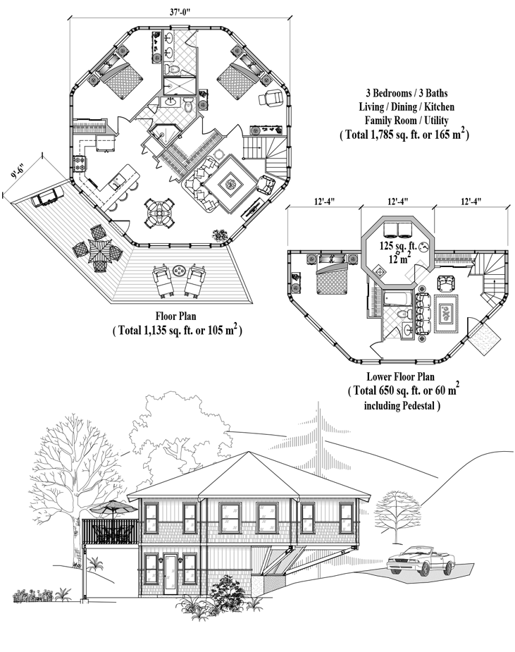 Prefab Enclosed Pedestal House Plan - PL-0404 (1775 sq. ft.) 3 Bedrooms, 2 1/2 Baths, Living Room, Dining Room, Kitchen, Family Room, Utility