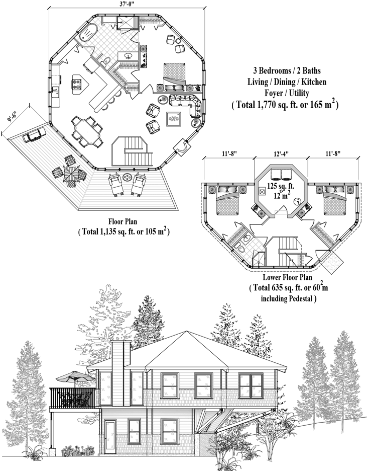 Prefab Enclosed Pedestal House Plan - PL-0405 (1770 sq. ft.) 3 Bedrooms, 2 Baths, Living, Dining, Kitchen, Foyer, Utility
