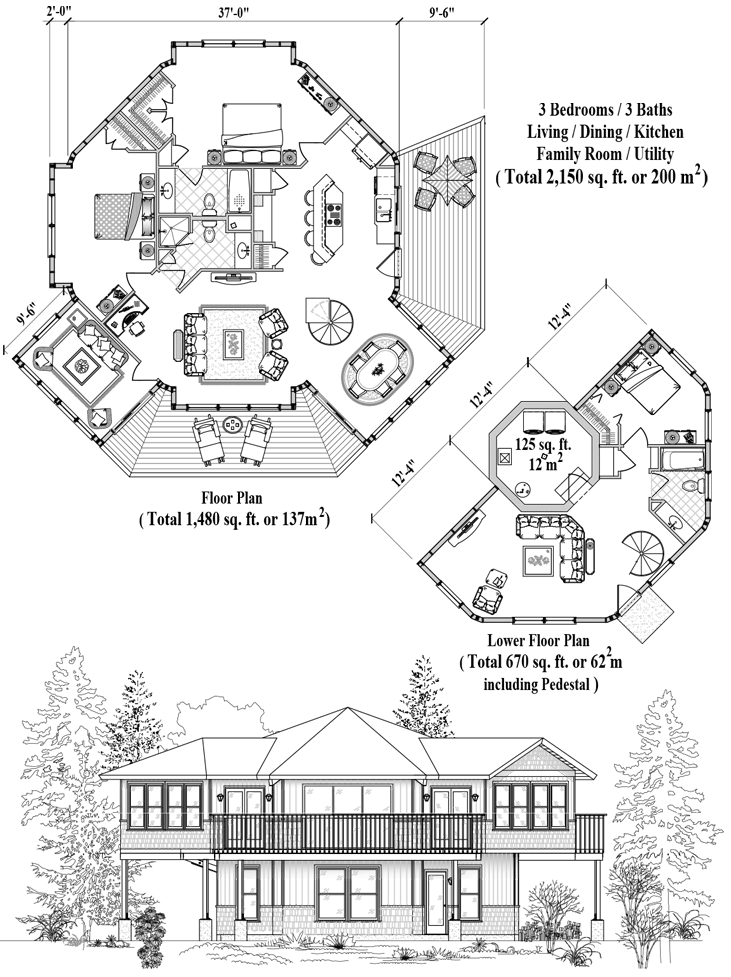 Prefab Enclosed Pedestal House Plan - PL-0409 (2150 sq. ft.) 3 Bedrooms, 3 Baths, Living Room, Kitchen, Dining Room, Family Room, Utility Room