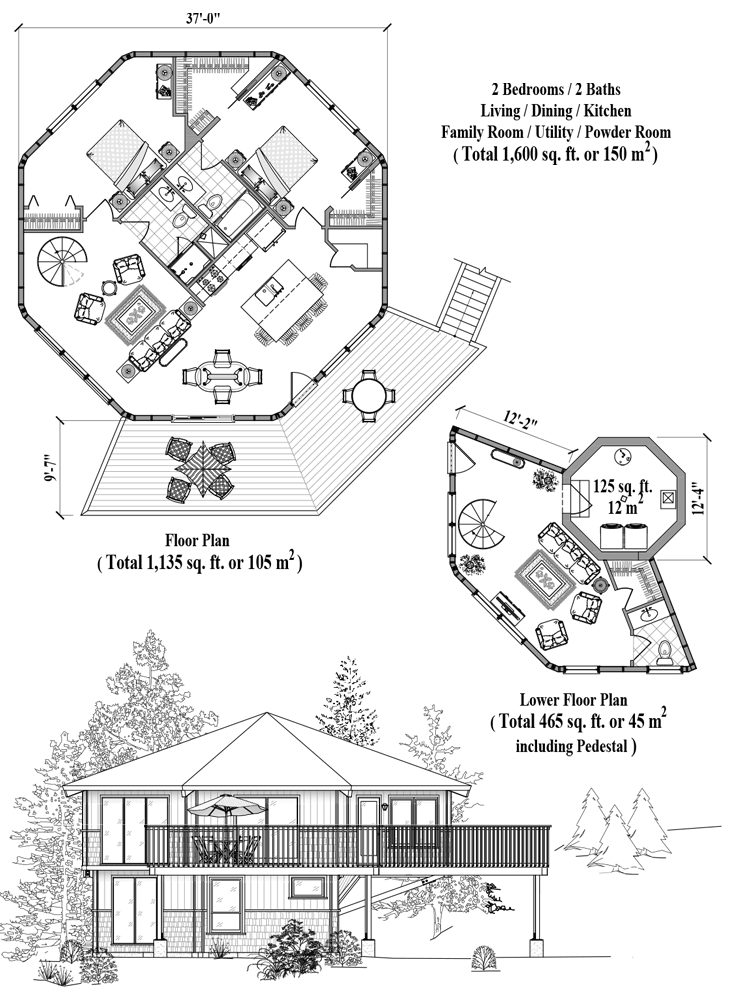 Prefab Enclosed Pedestal House Plan - PL-0410 (1600 sq. ft.) 2 Bedrooms, 2 Baths, Living Room, Kitchen, Dining Room, Family Room, Utility Room, Powder Room