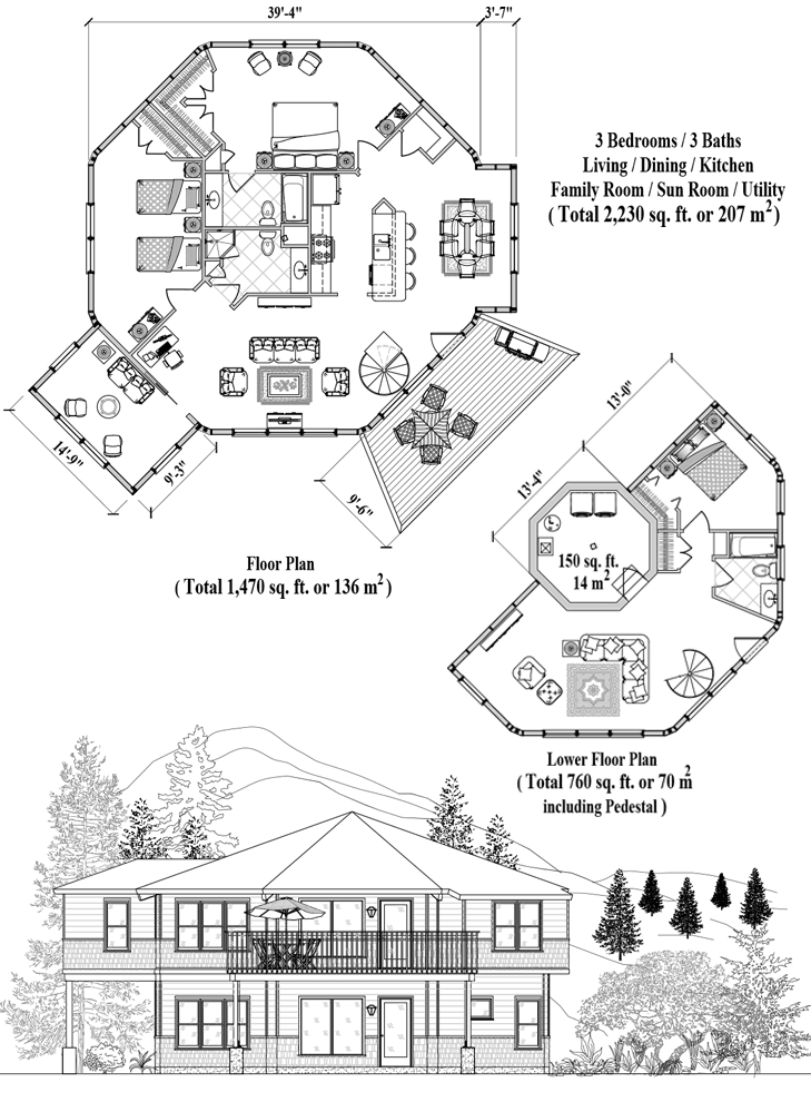 Prefab Enclosed Pedestal House Plan - PL-0501 (2230 sq. ft.) 3 Bedrooms, 3 Baths, Living Room, Dining, Kitchen, Family Room, Sun Room, Utility