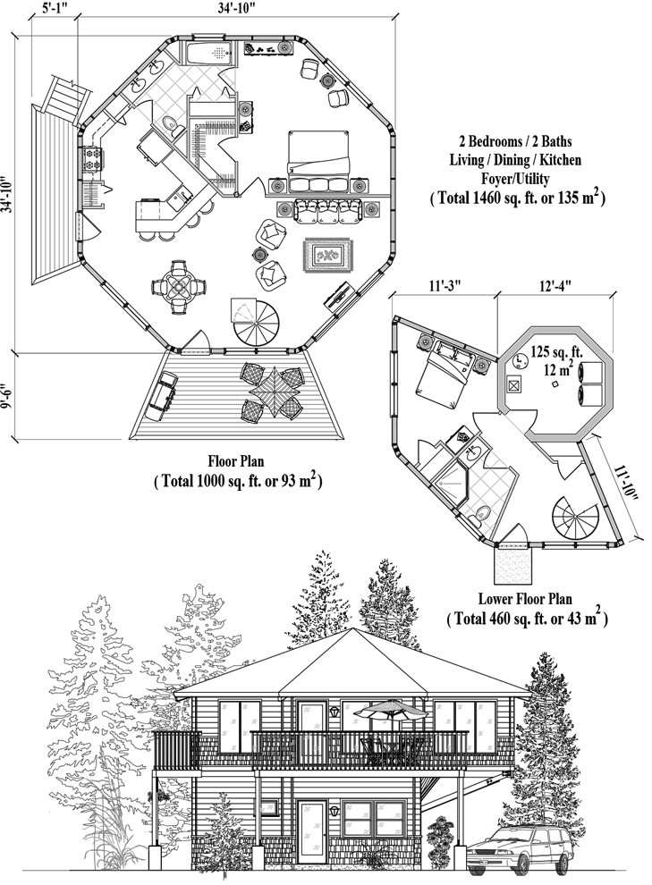 Prefab Enclosed Pedestal House Plan - PL-1101 (1460 sq. ft.) 2 Bedrooms, 2 Baths, Living Room, Dining, Kitchen, Foyer, Utility