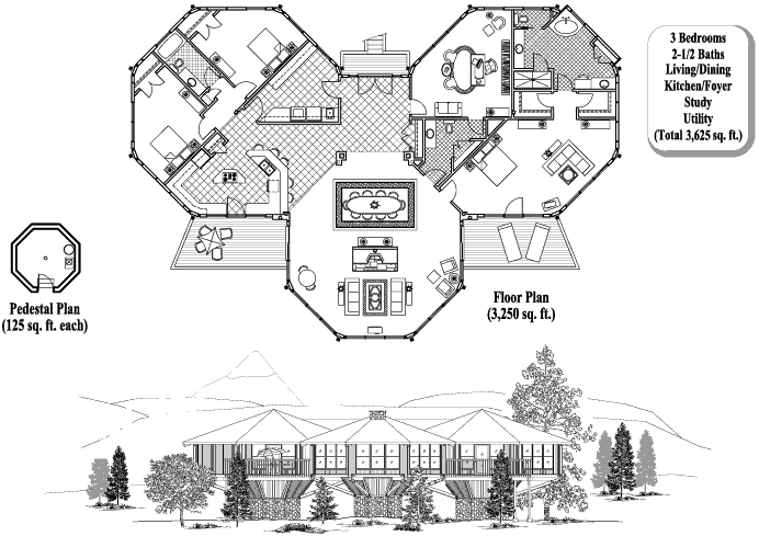 Prefab Premiere House Plan - PR-0404 (3625 sq. ft.) 3 Bedrooms, 2 1/2 Baths, Living, Dining, Kitchen, Study, Foyer, Utility