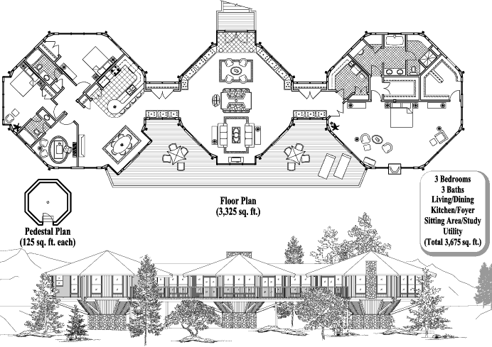 Prefab Premiere House Plan - PR-0405 (3675 sq. ft.) 3 Bedrooms, 3 Baths, Living Room, Dining, Kitchen, Sitting Area, Study, Foyer, Utility