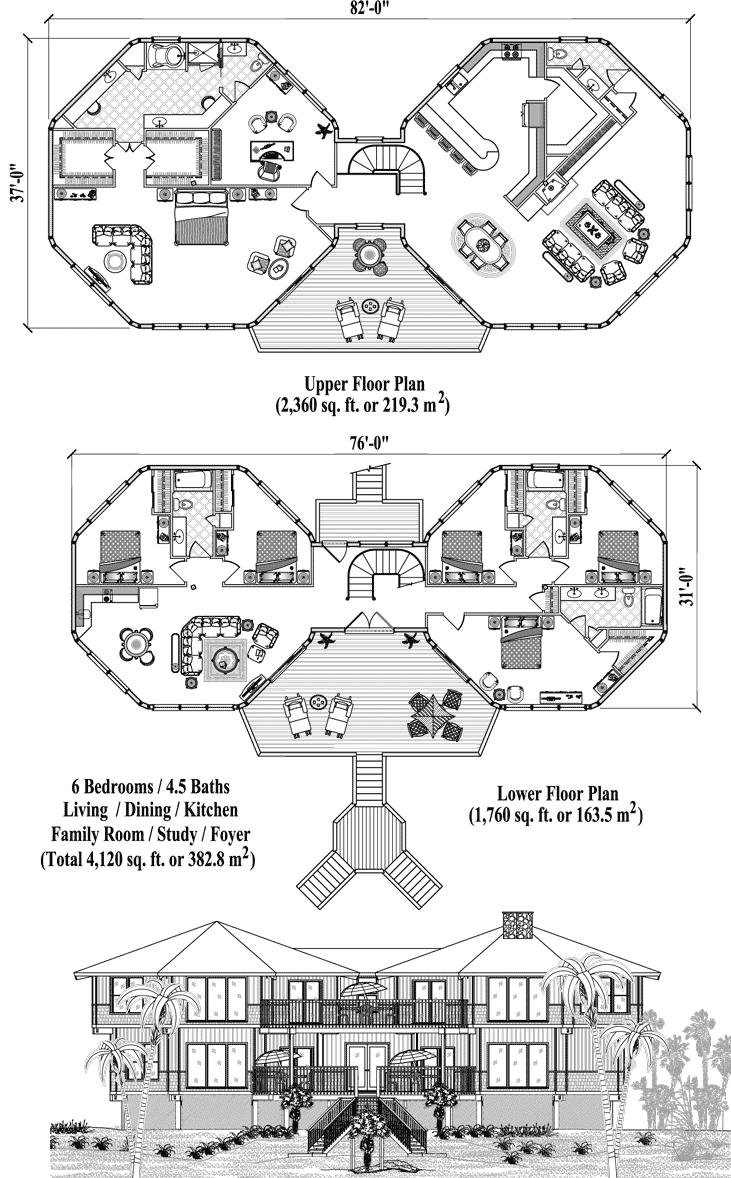 Prefab Premiere House Plan - PR-0408 (4120 sq. ft.) 6 Bedrooms, 4 1/2 Baths, Living, Dining, Kitchen, Family Room, Study, Foyer