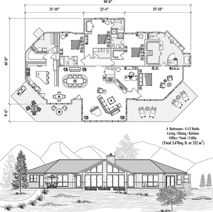 Prefab Premiere House Plan - PR-0413 (3470 sq. ft.) 4 Bedrooms, 4 1/2 Baths, Living, Dining, Kitchen, Office, Nook, Utility