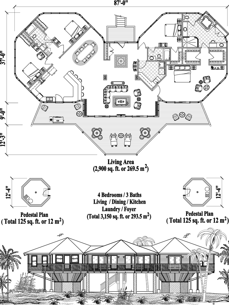 Prefab Premiere House Plan - PR-0414 (3150 sq. ft.) 4 Bedrooms, 3 Baths, Living, Dining, Kitchen, Laundry, Foyer