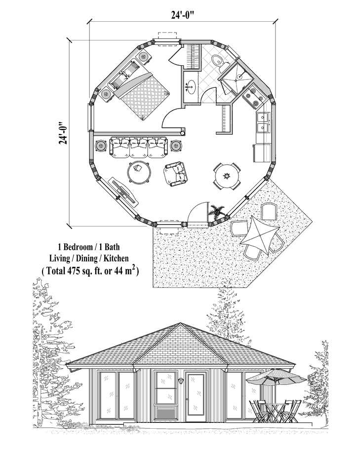 Prefab Patio House Plan - PT-0121 (475 sq. ft.) 1 Bedrooms, 1 Baths, Living Room, Dining, Kitchen & Laundry
