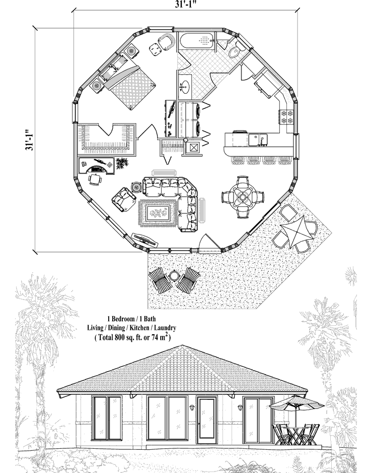Prefab Patio House Plan - PT-0321 (800 sq. ft.) 1 Bedrooms, 1 Baths