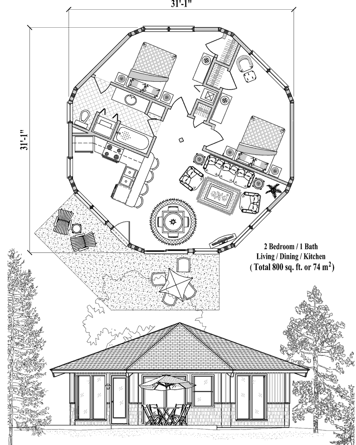 Prefab Patio House Plan - PT-0322 (800 sq. ft.) 2 Bedrooms, 1 Baths, 